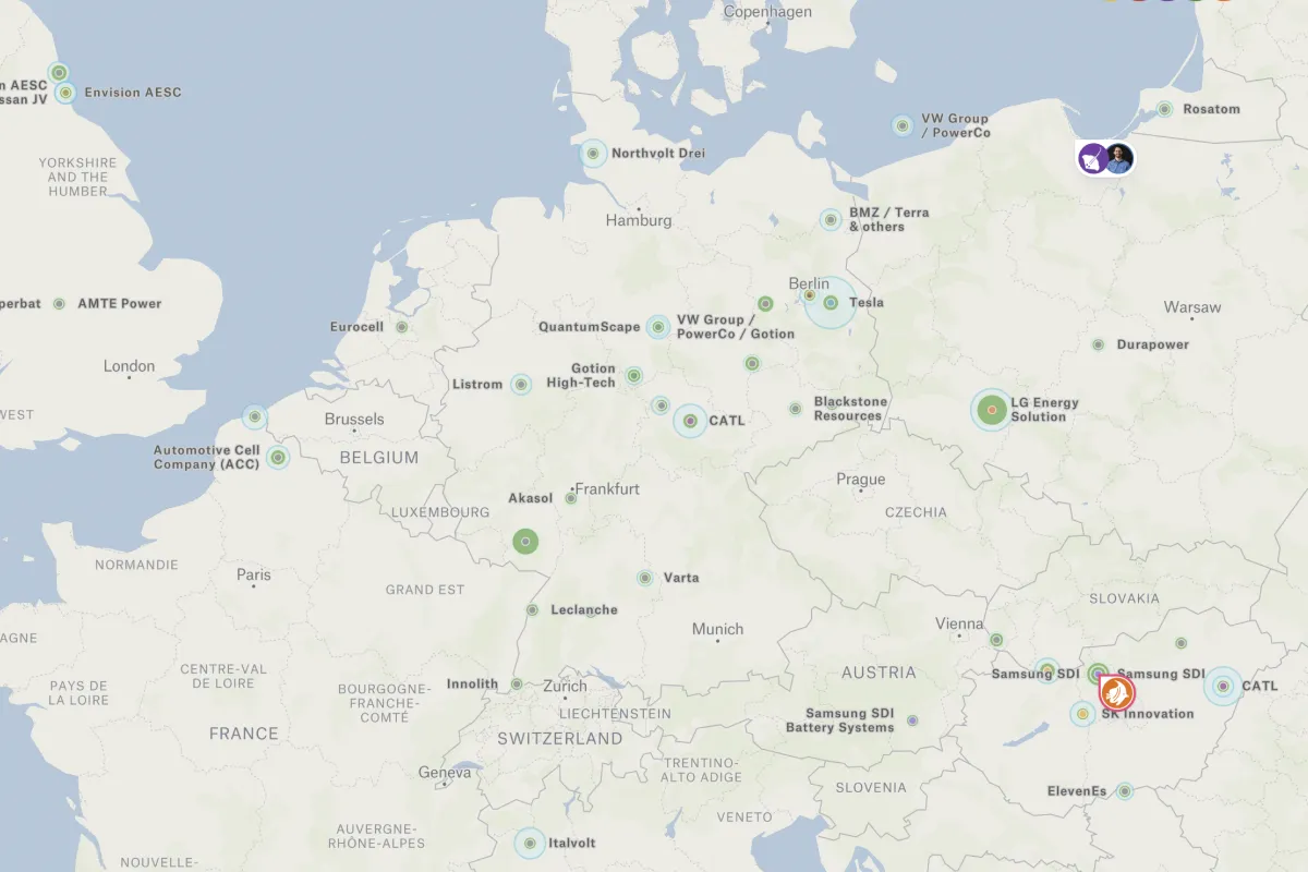 A Felt map of battery factories across Germany and central Europe, labeled by company and sized by circles
