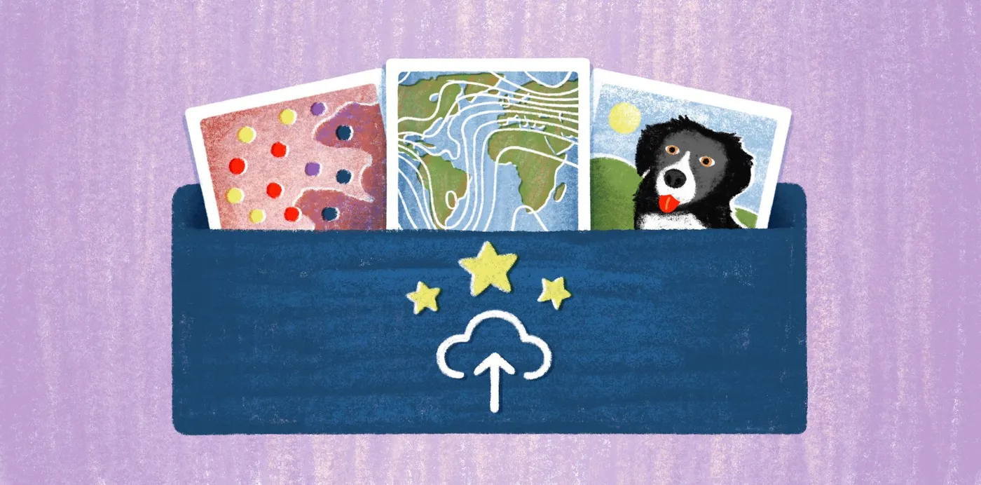 An illustration of map cards and a dog photo tucked into a pocket marked with an upload icon