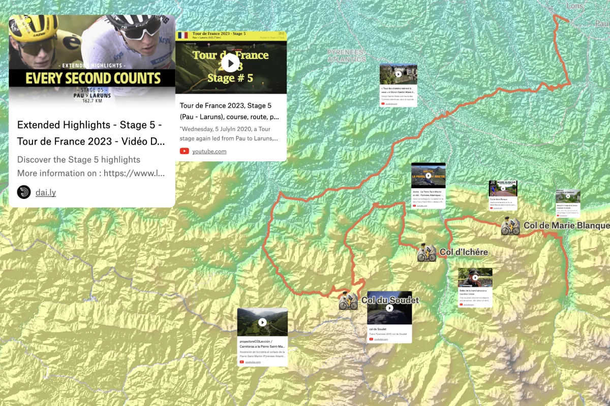 A Felt map of a Tour de France 2023 mountain stage in the Pyrenees with video highlights along the route