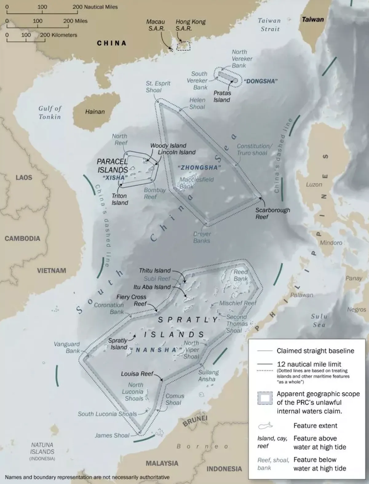 A State Department map of the South China Sea showing the Paracel and Spratly Islands and maritime claim baselines