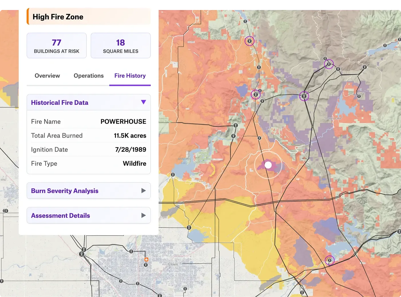 A wildfire risk map with a tabbed custom popup for a high fire zone, showing buildings at risk, area, and the area's fire history