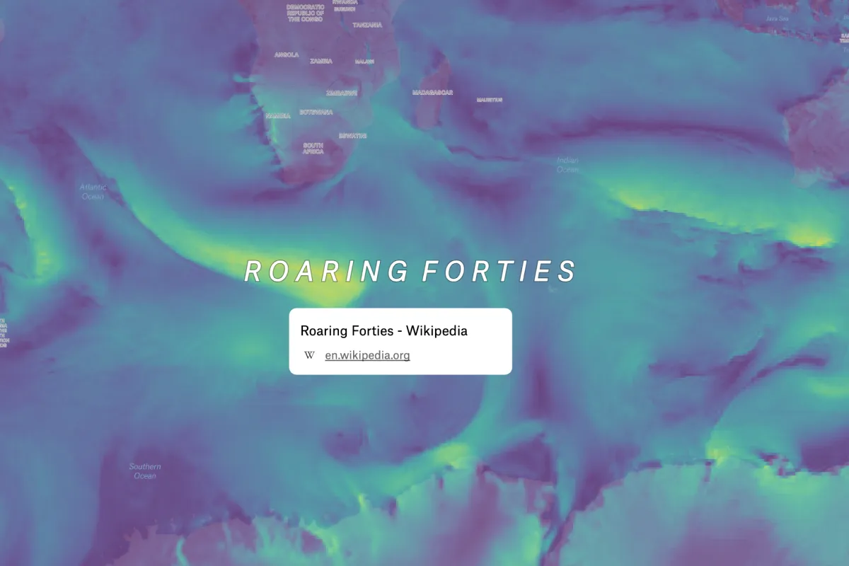 A Felt wind gust map of the Southern Ocean below Africa, with a band of strong westerlies labeled Roaring Forties