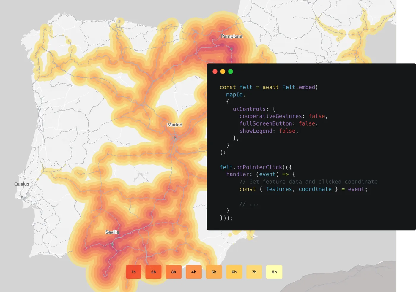 A Felt map of travel time bands along Spanish rail lines beside a JavaScript SDK code snippet using Felt.embed