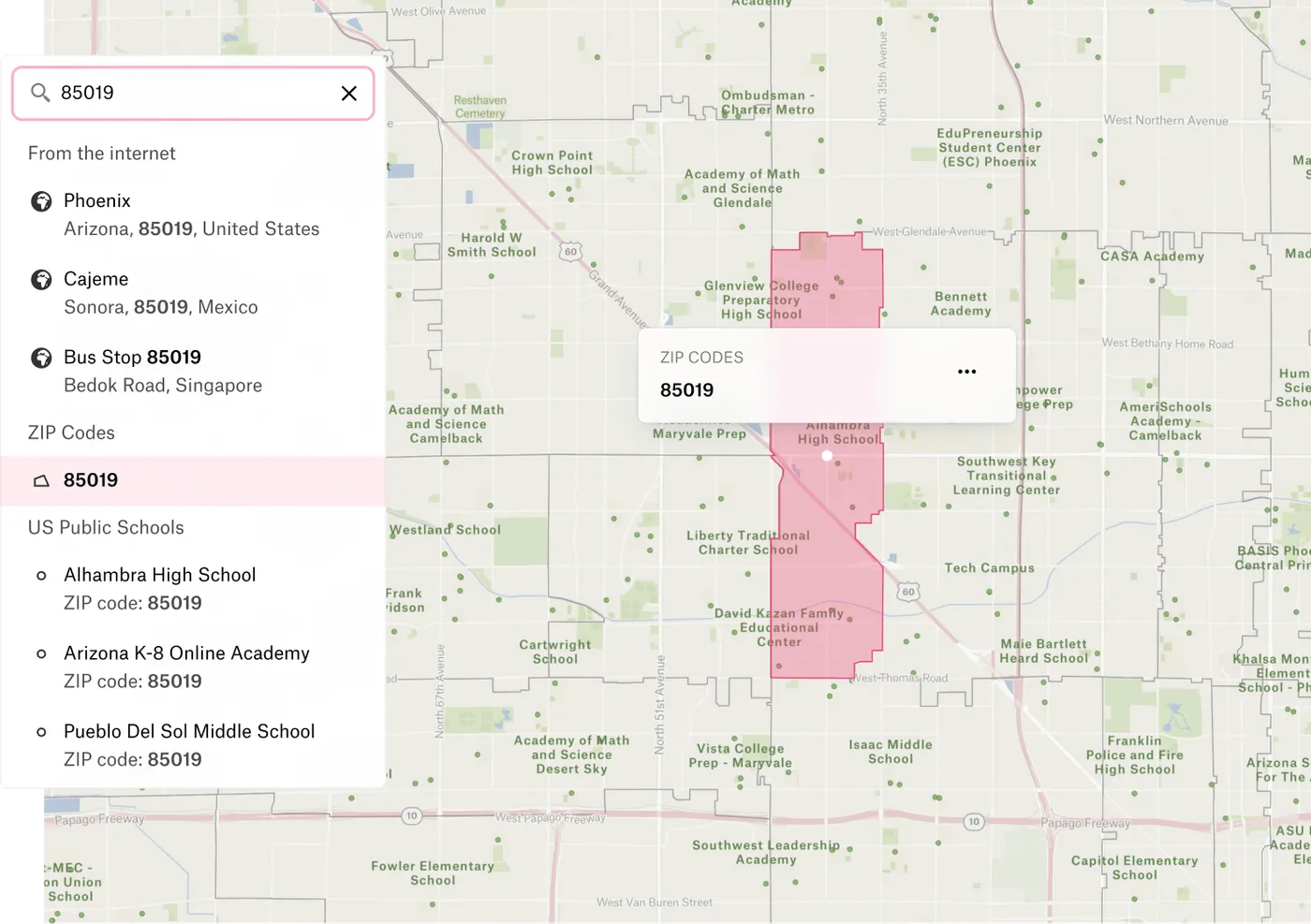 A screenshot of Felt search for 85019 returning places, a highlighted ZIP code area in Phoenix and nearby schools
