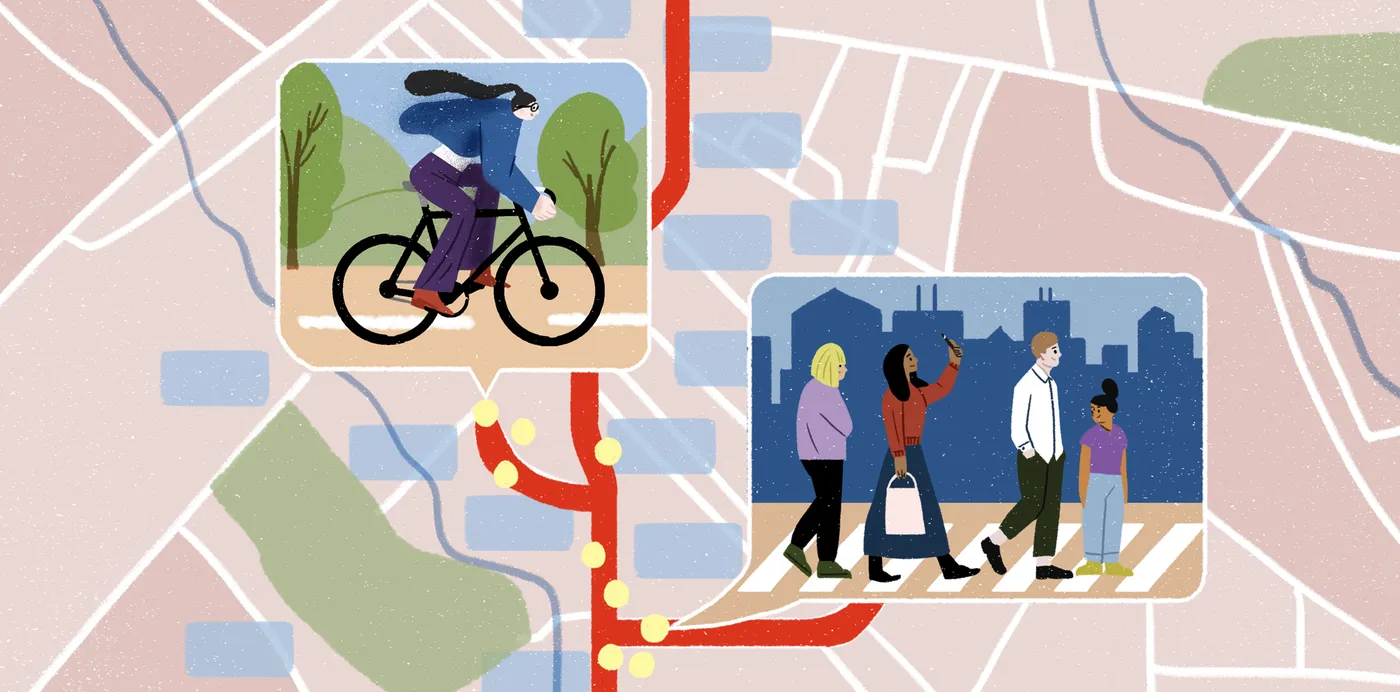 An illustration of a street map with a red transit line, with callouts of a cyclist in a park and pedestrians at a crosswalk