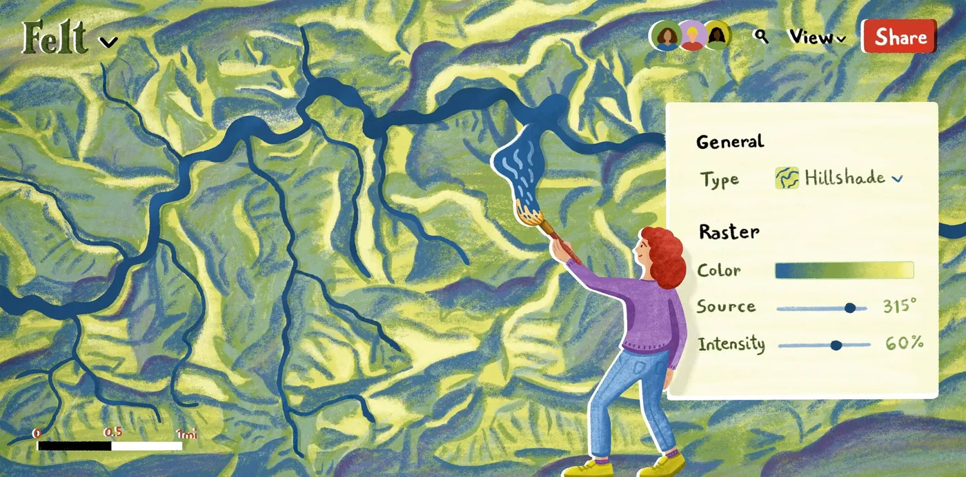 An illustration of a person painting a river onto a Felt hillshade map beside a raster styling panel