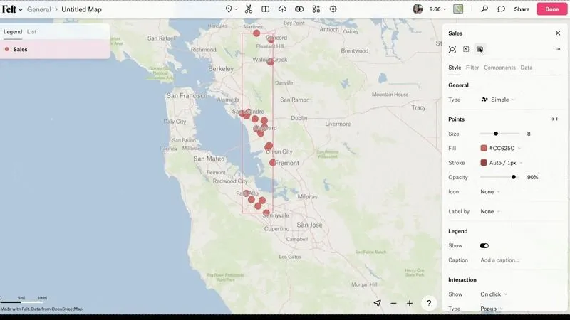A Felt map of the San Francisco Bay Area with geocoded sales points and the layer style panel open