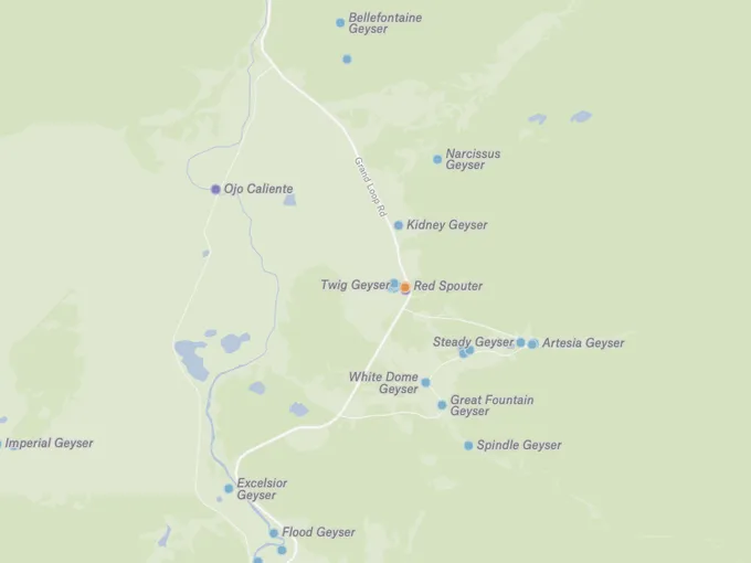 A Felt map of hydrothermal features along Grand Loop Road, labeling geysers and hot springs