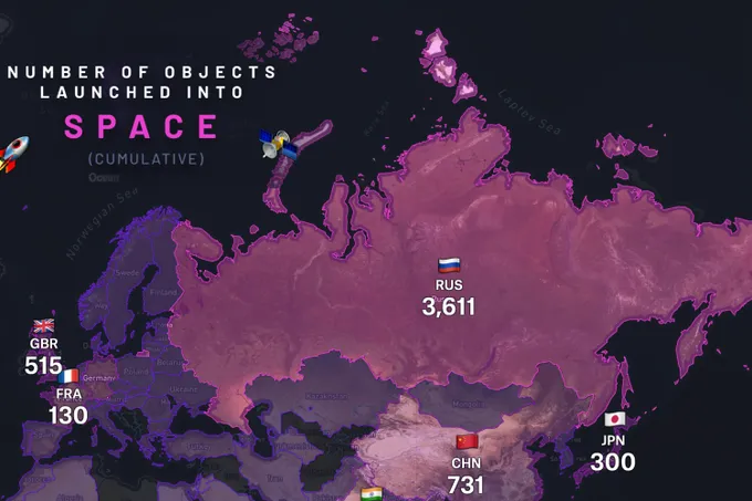 A dark Felt map of Europe and Asia labeling cumulative objects launched into space by country, such as Russia at 3,611