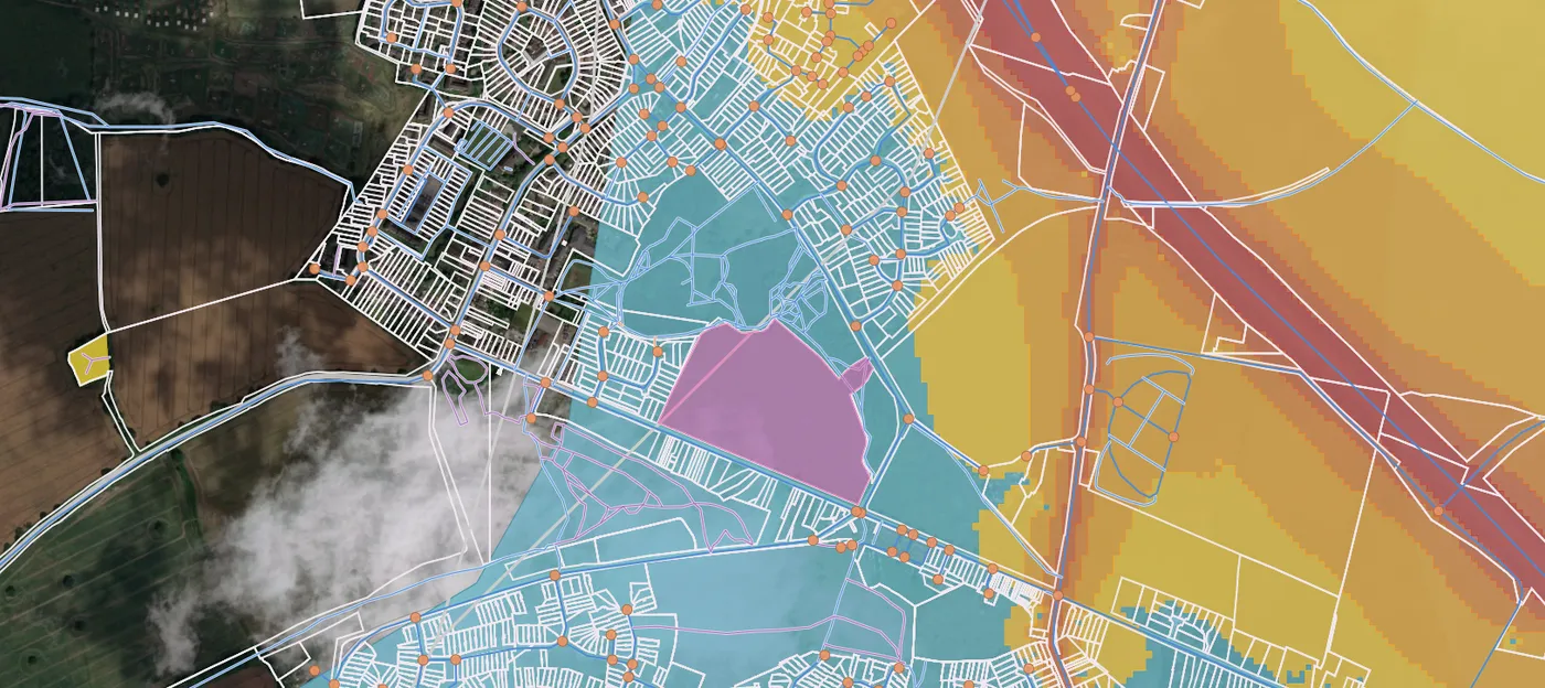 Parcels over satellite imagery, shaded by planning constraint layers in teal, yellow, and magenta