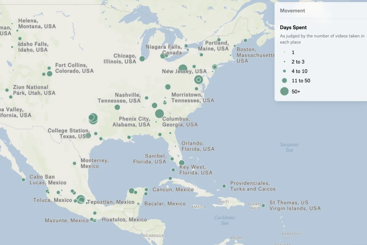 A Felt map of North America with circles sized by the number of days spent in each place