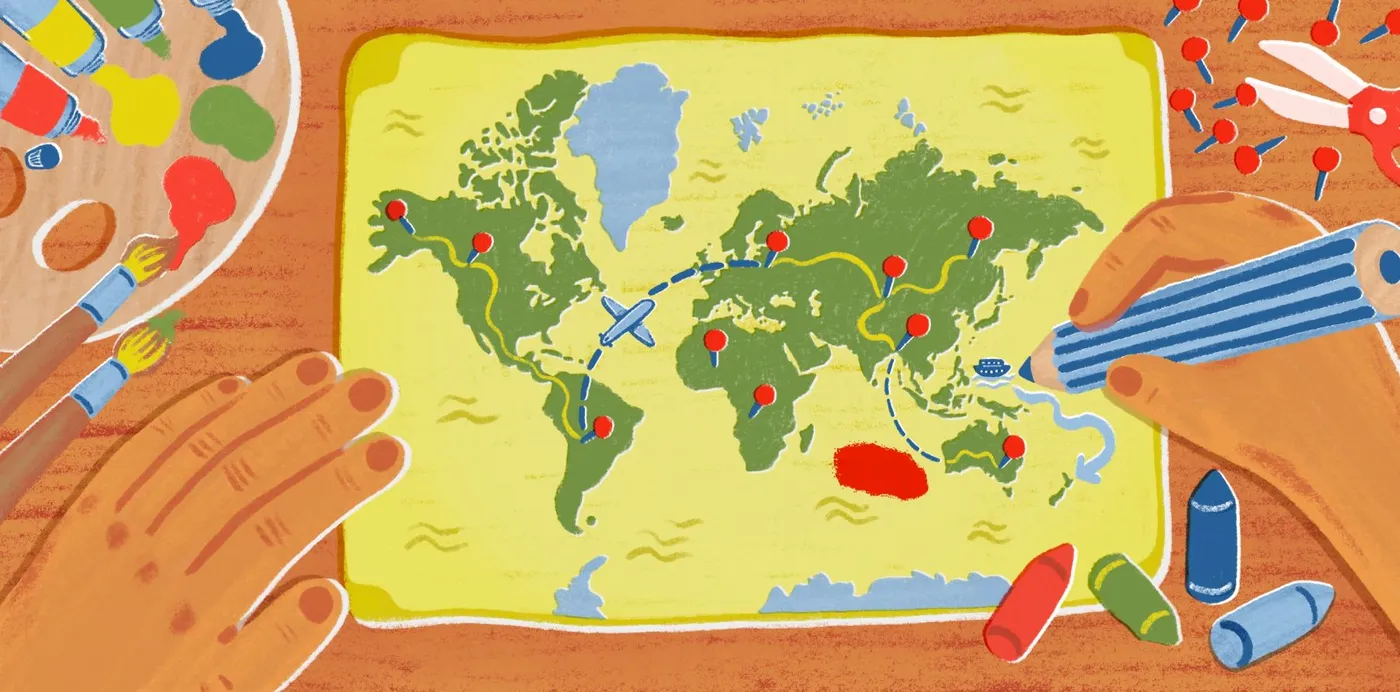An illustration of hands drawing a pinned world map with travel routes, surrounded by paints, crayons and pushpins