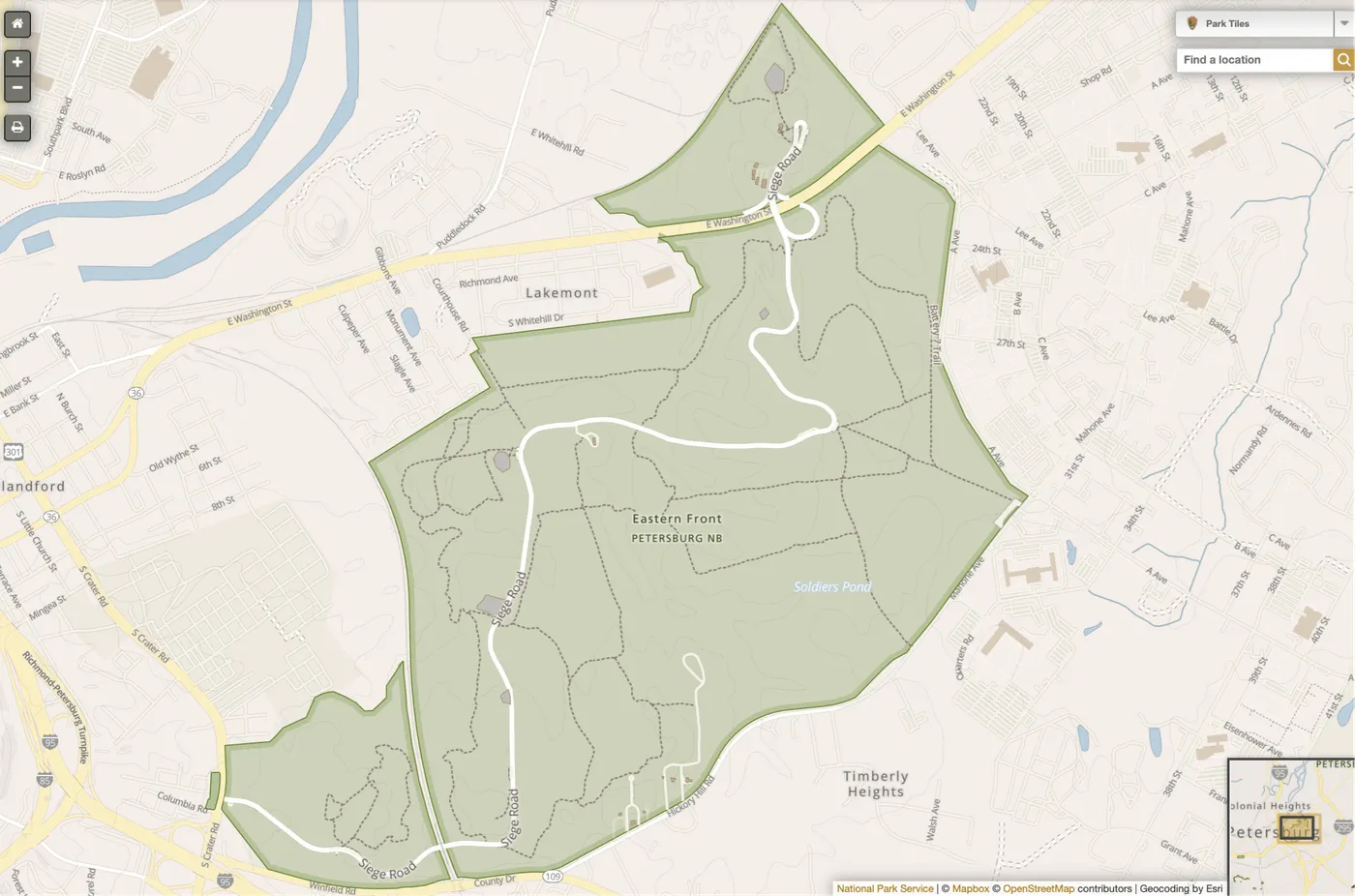 A web map of the Eastern Front unit of Petersburg National Battlefield, shaded green with Siege Road and dotted trails