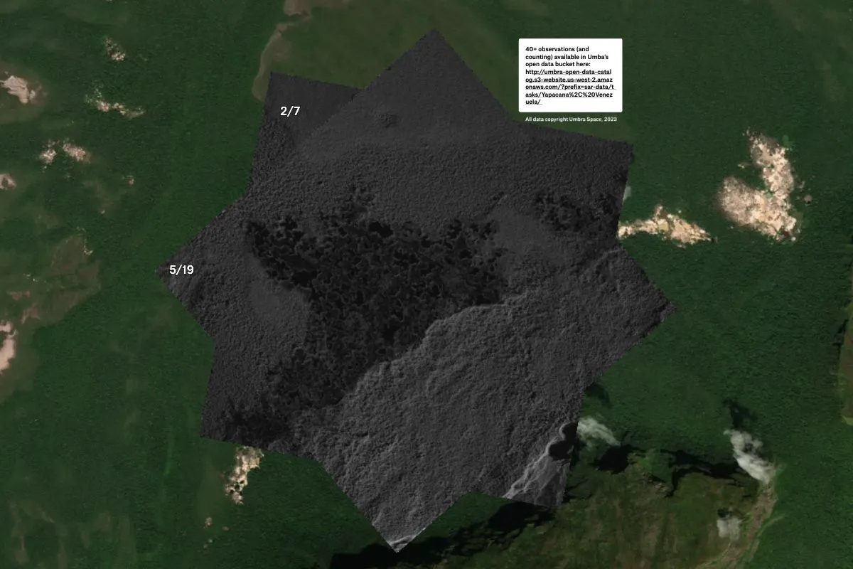 A Felt map overlaying radar satellite images from February and May on rainforest imagery to track illegal gold mining
