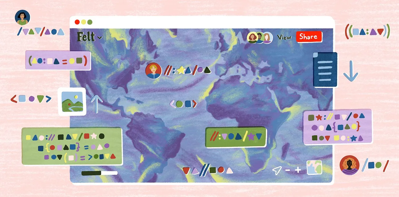 An illustration of a Felt map window over a world map, surrounded by stylized code snippets and collaborator avatars