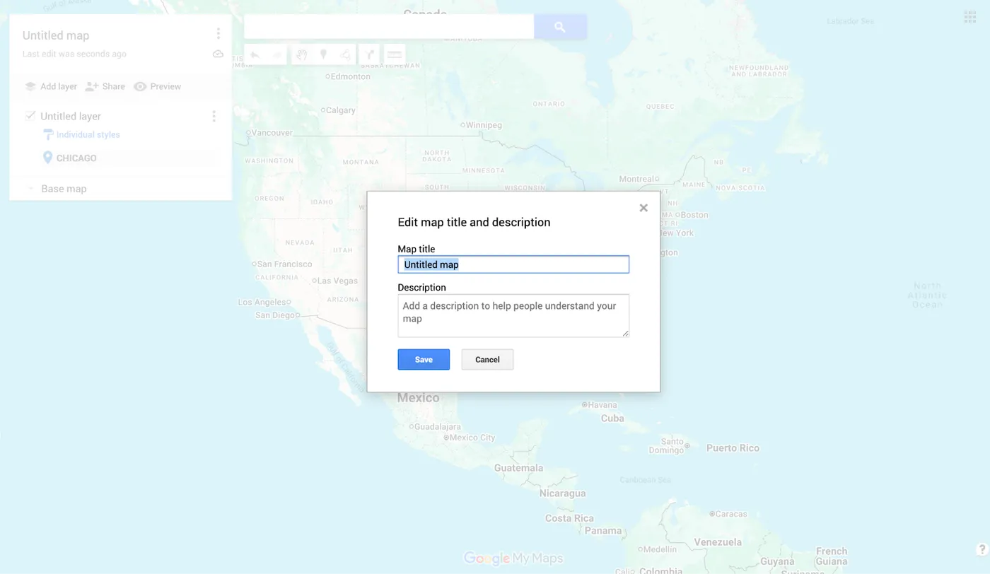 A screenshot of the Google Maps “Edit map title and description” function.