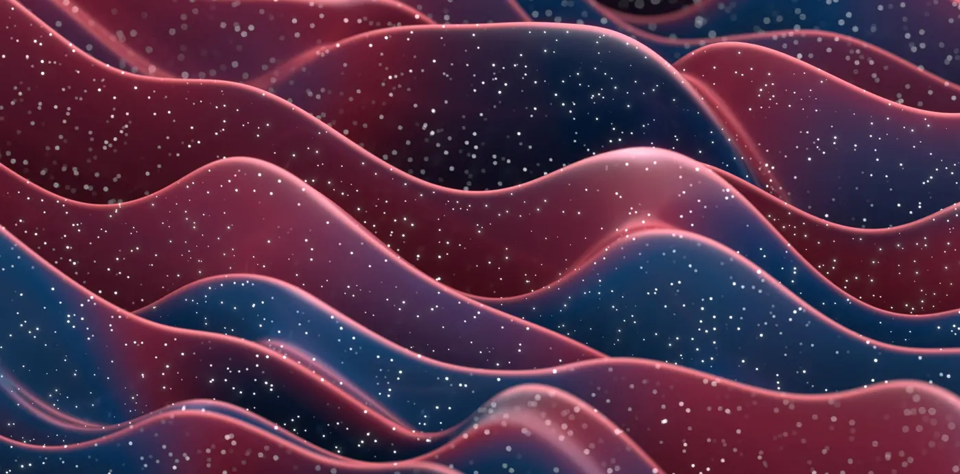 An abstract 3D render of rolling red and blue waves speckled with white dots