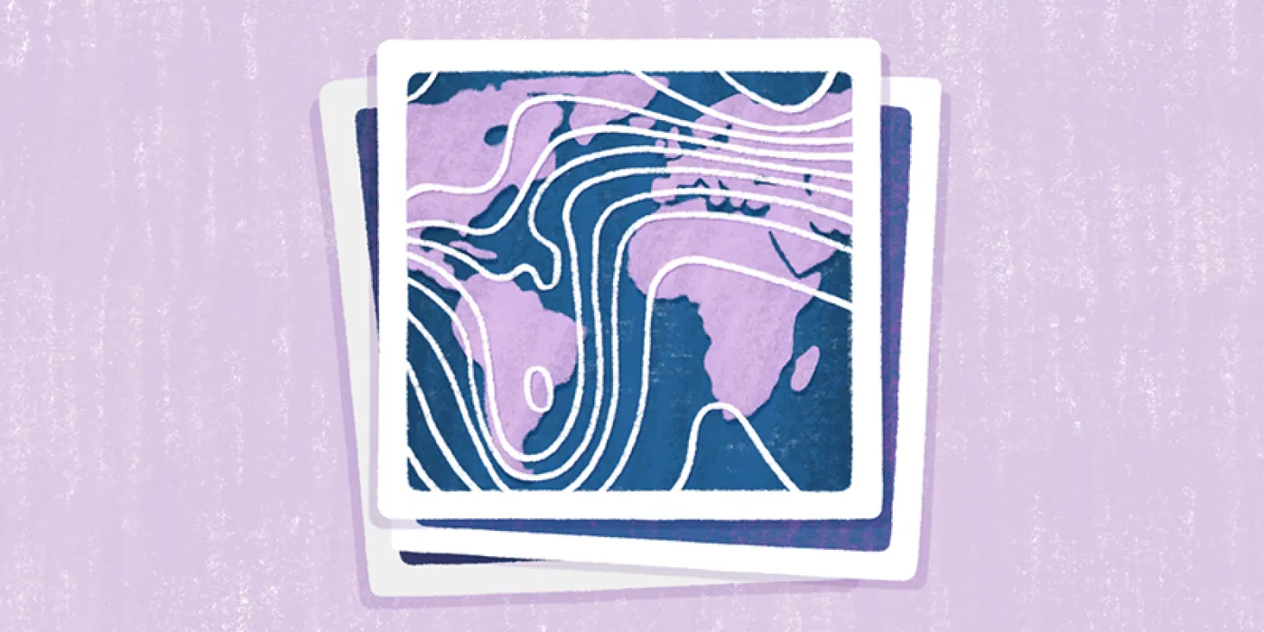 An illustration of stacked map prints, the top one showing the Atlantic, Europe and Africa overlaid with white contour lines