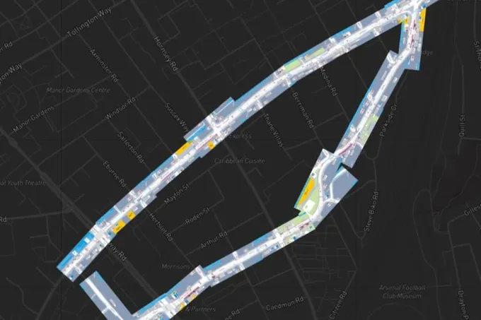 A Felt map of north London with TfL Cycleway 50 proposal drawings placed along the streets on a dark basemap