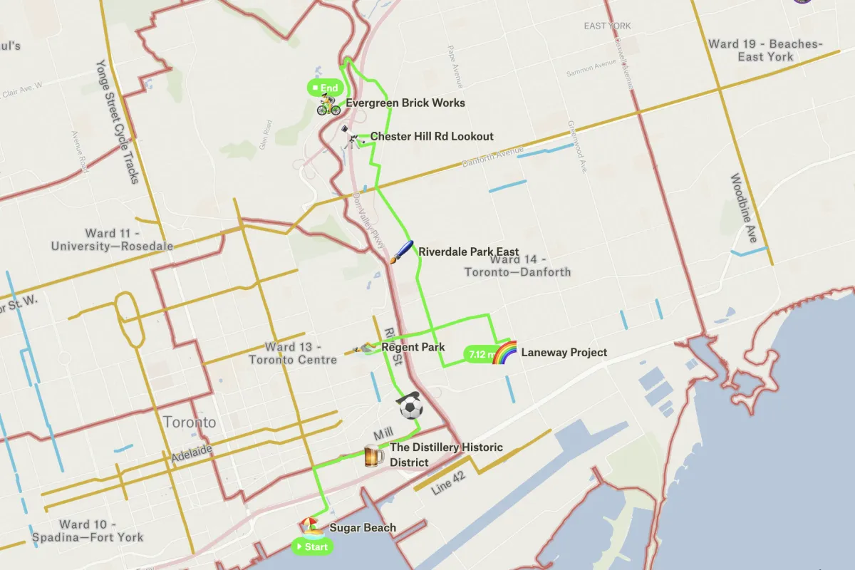 A Felt map of Toronto with a green bike tour route linking stops from Sugar Beach to Evergreen Brick Works