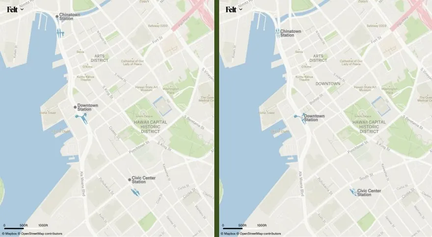 Two Felt maps of downtown Honolulu rail stations, with station markers offset from their icons on the left and aligned on the right