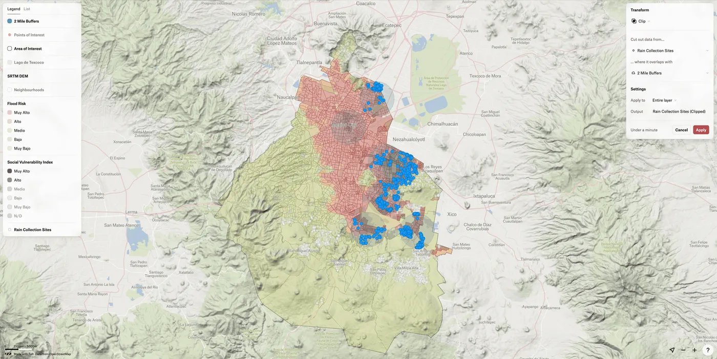 The Clip transformation keeping only the rain collection sites, shown in blue, that fall inside the 2-mile buffers
