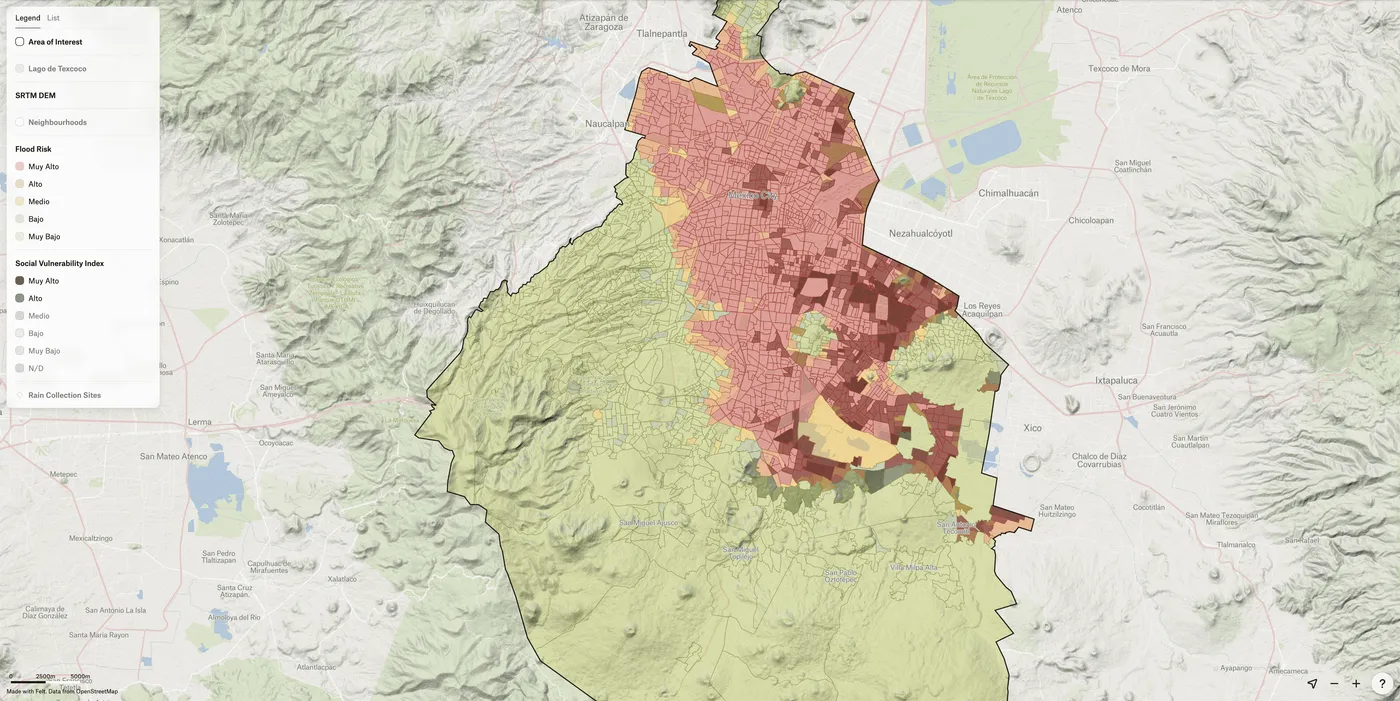 A Felt map overlaying flood risk and social vulnerability in Mexico City, with dark red where both are high