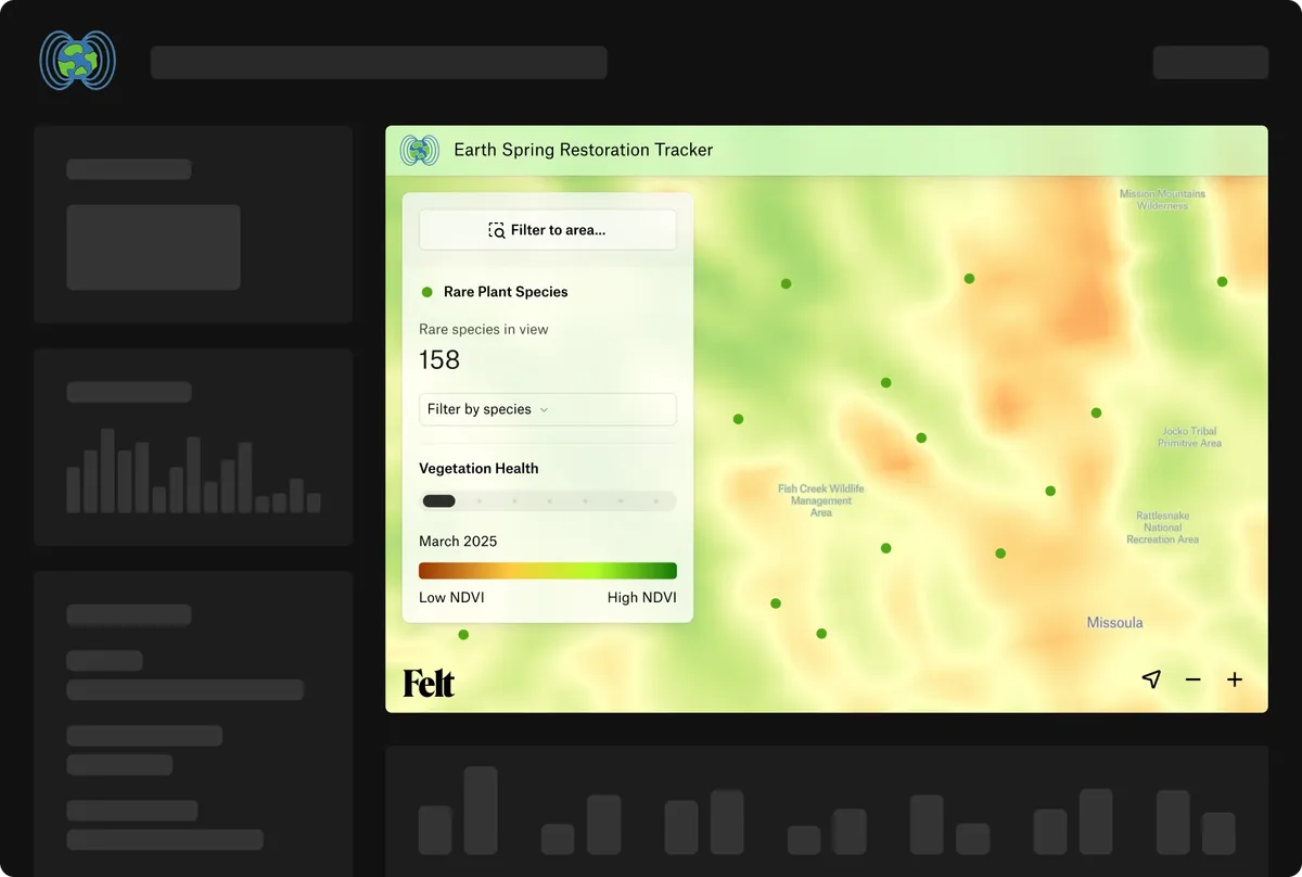 A Felt map embedded in a restoration tracker web app, with an area filter, a species count, and an NDVI legend