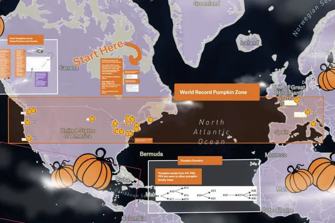 A dark Felt map of the North Atlantic with pumpkin icons, a World Record Pumpkin Zone box and a pumpkin genetics diagram