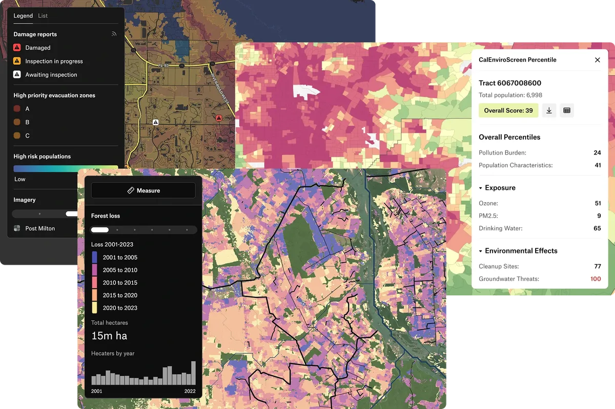 Three Felt maps stacked together, showing damage reports with evacuation zones, census tracts with a feature panel, and forest loss with a chart