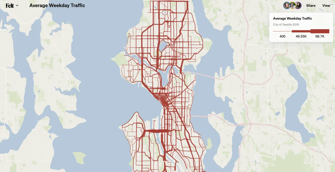 A Felt map of Seattle streets drawn in red lines whose width shows average weekday traffic