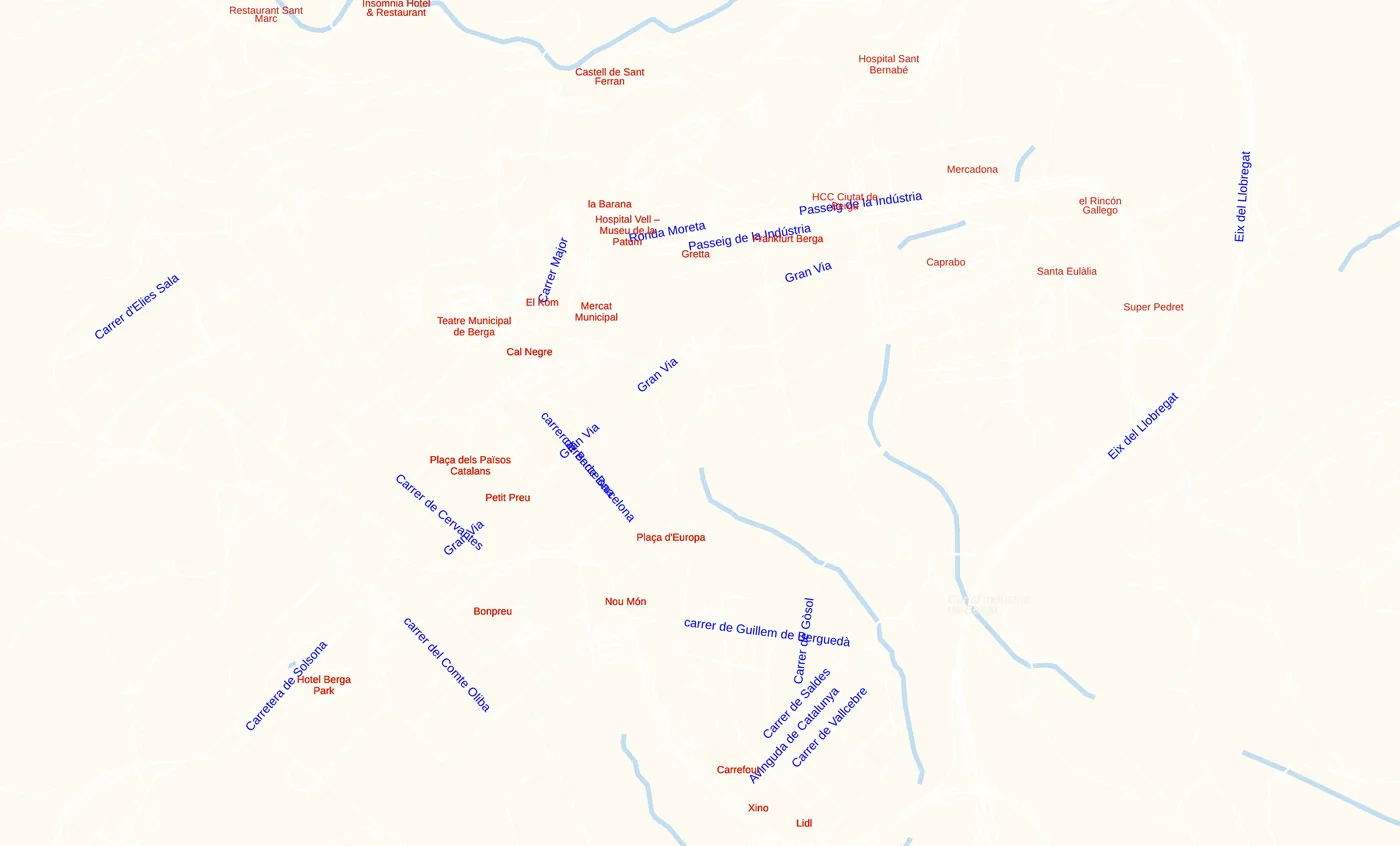 A street map of Berga with blue street labels and red place labels overlapping in several spots
