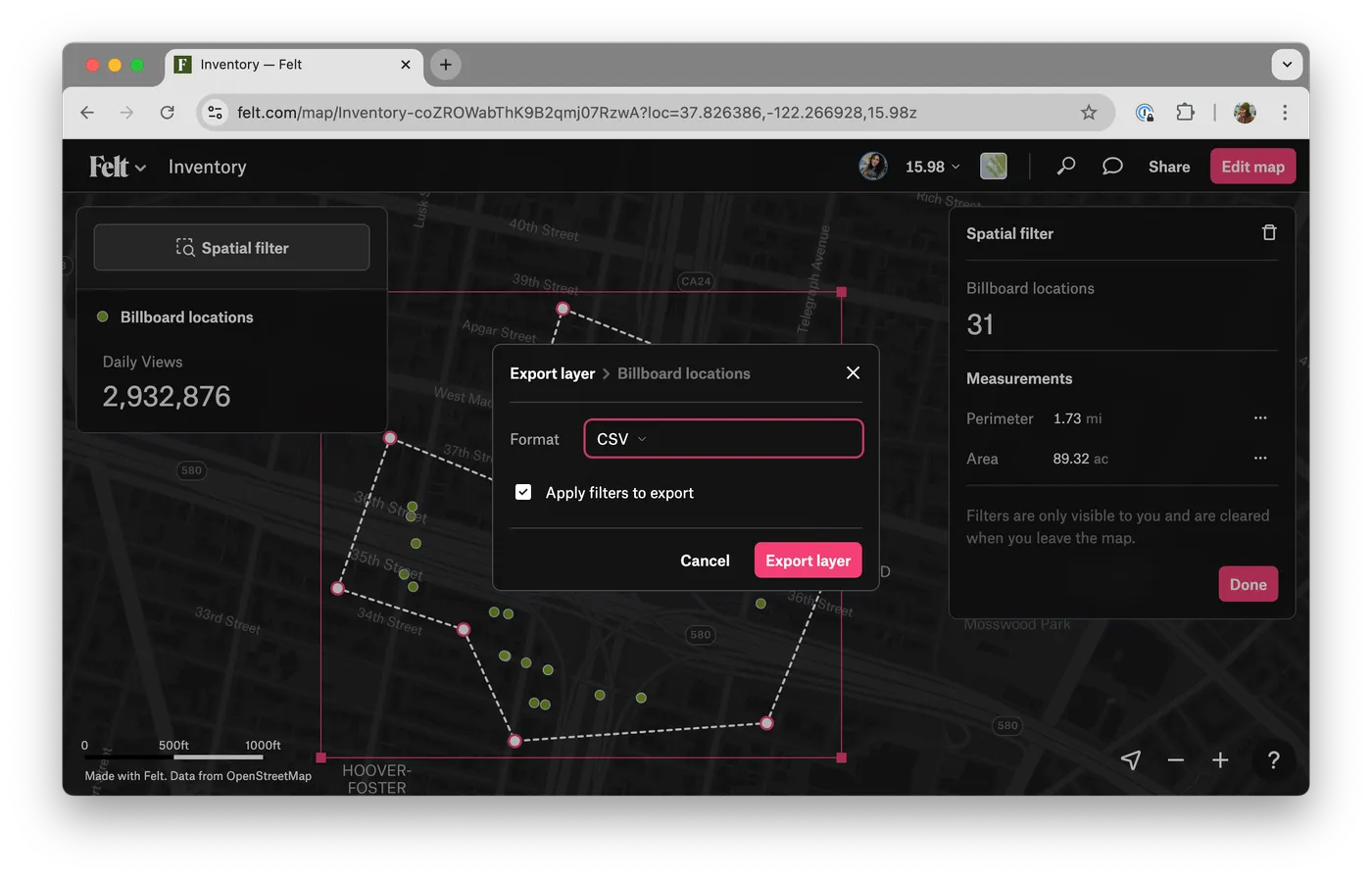 Now your team can filter data spatially, export and use in other tools like Excel or Google Sheets.