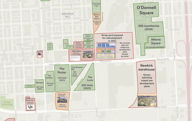 A Felt map of southeast Baltimore outlining multi-unit housing developments with their unit counts and years