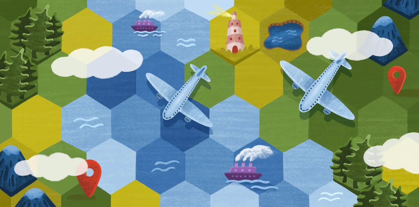 An illustration of a landscape tiled in hexagons, with planes, ships, forests, mountains and map pins