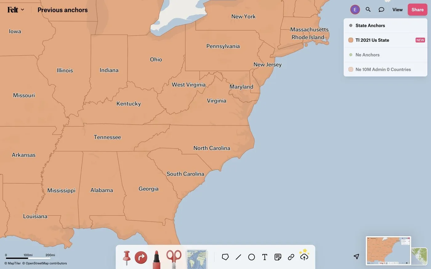 A Felt map of eastern US states with label anchors that sit near borders, as for Massachusetts and Louisiana