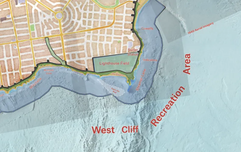 A Felt map of West Cliff Drive in Santa Cruz with annotated recreation areas over 1940 aerial imagery