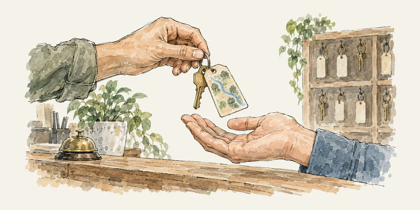An illustration of a hand dropping a key into an open palm over a counter, its paper tag showing a small map