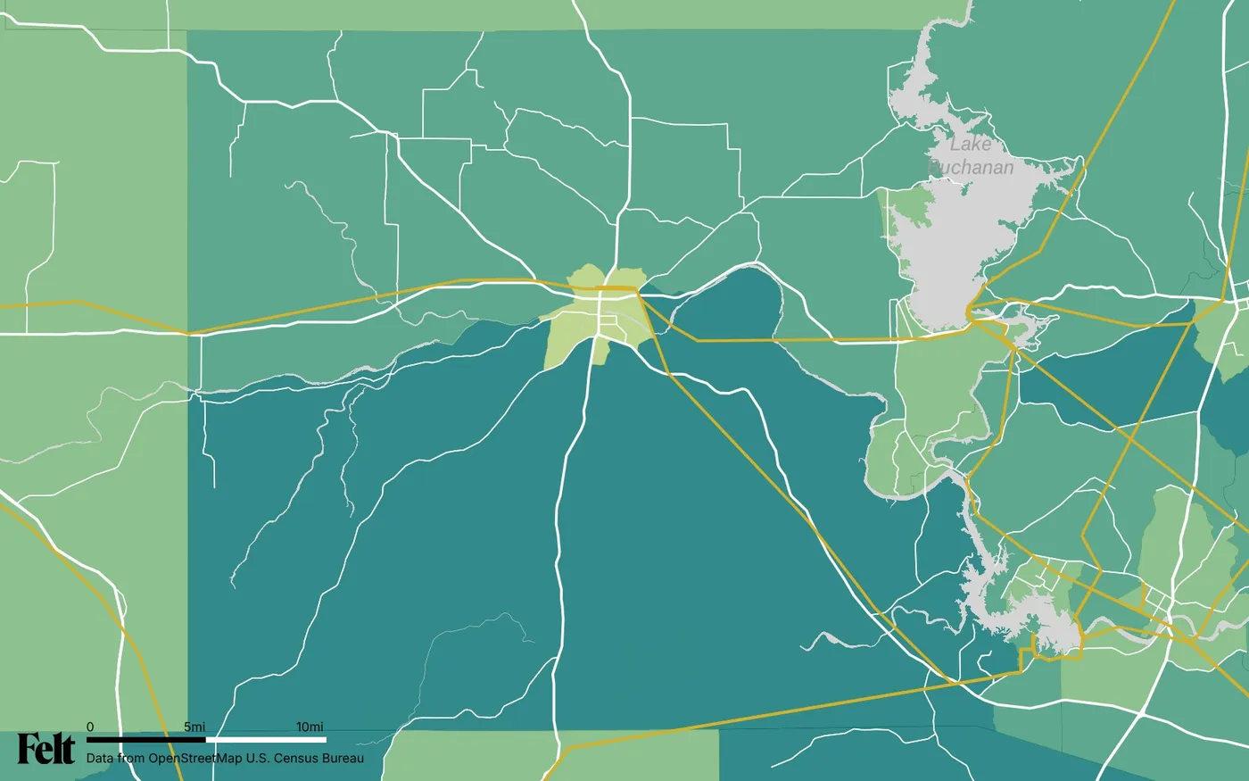 Map of Llano County, Texas: the county outlined, with transmission lines over median household income by census tract