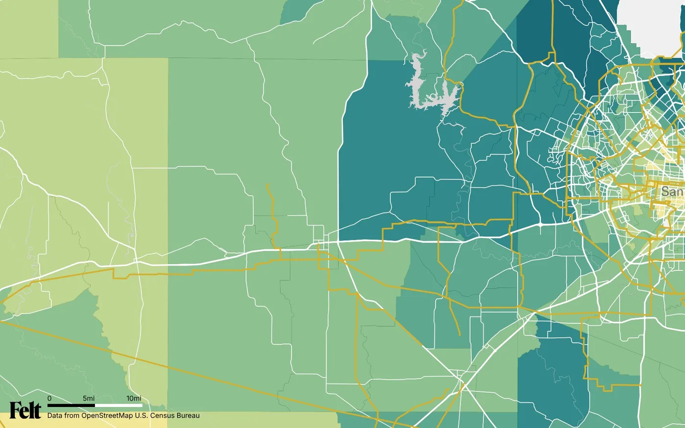 Map of Medina County, Texas: the county outlined, with transmission lines over median household income by census tract