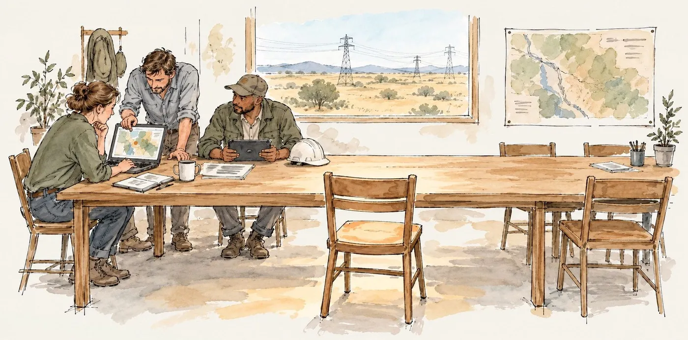 A watercolour of a team at a field-office table, with an empty chair pulled out in the centre for the next person