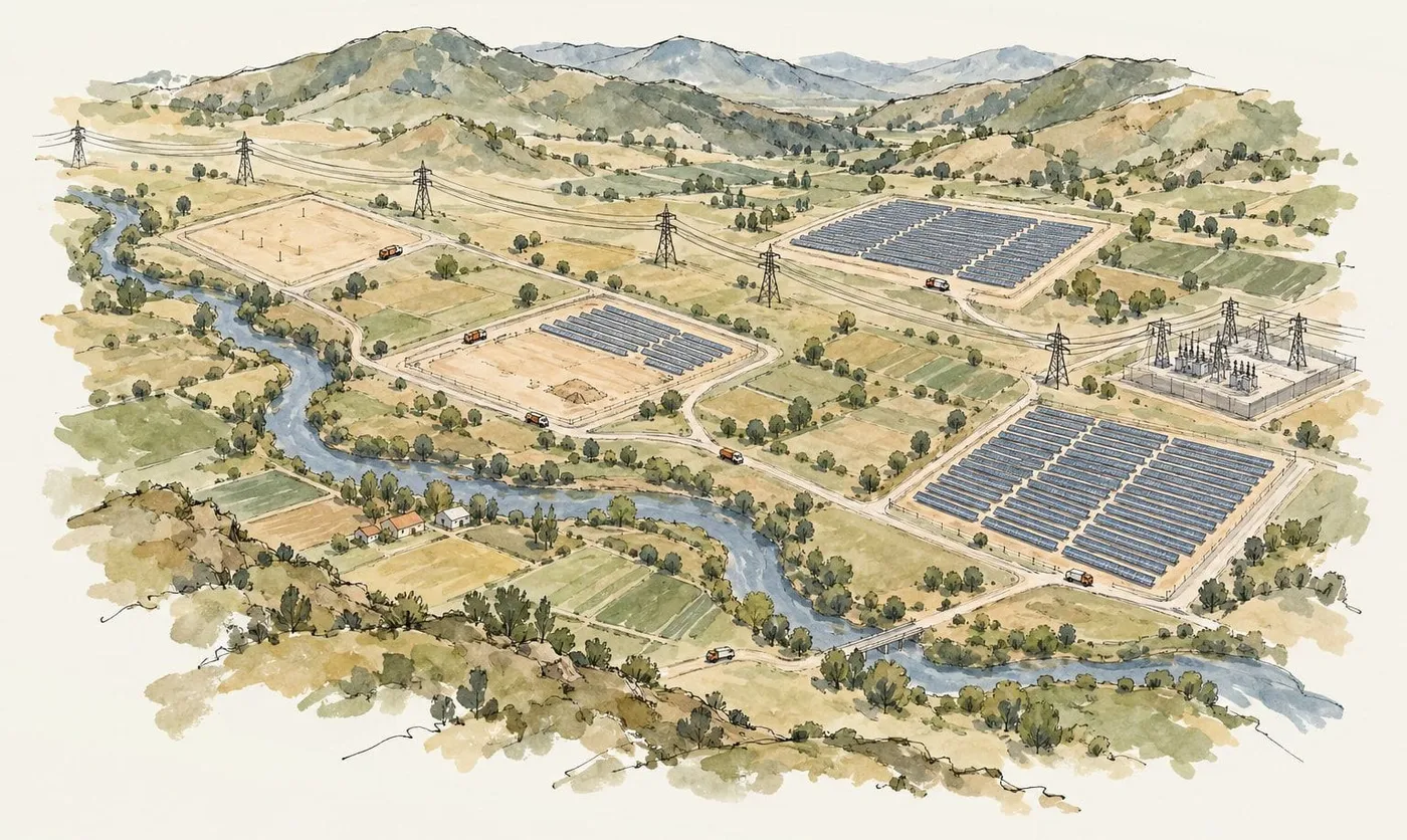 A watercolour aerial view of a river valley with several solar farms at different stages, a substation and transmission lines