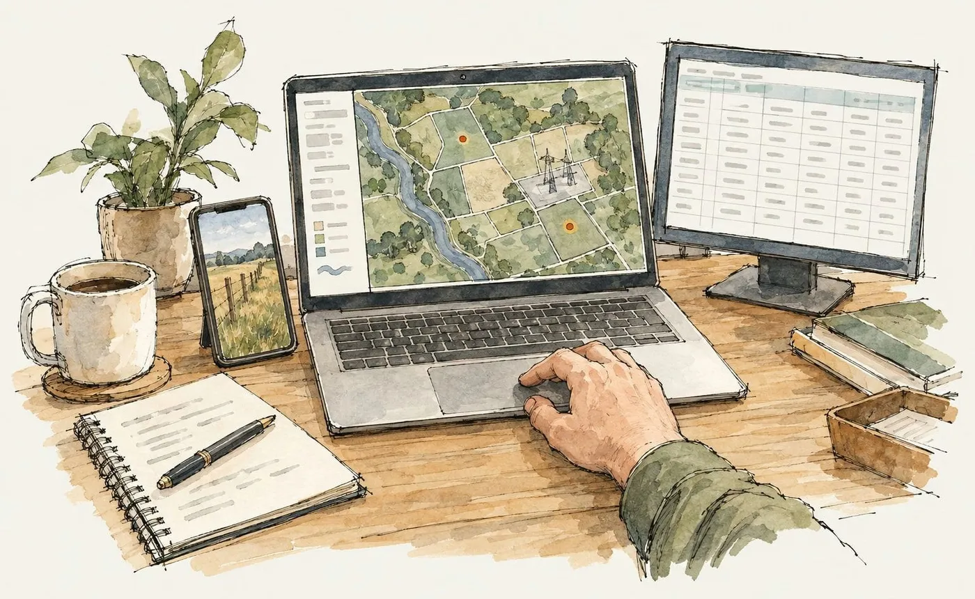 A watercolour of a desk with a laptop showing a parcels map, a spreadsheet on a second screen, and a phone showing a field photo of a fence line