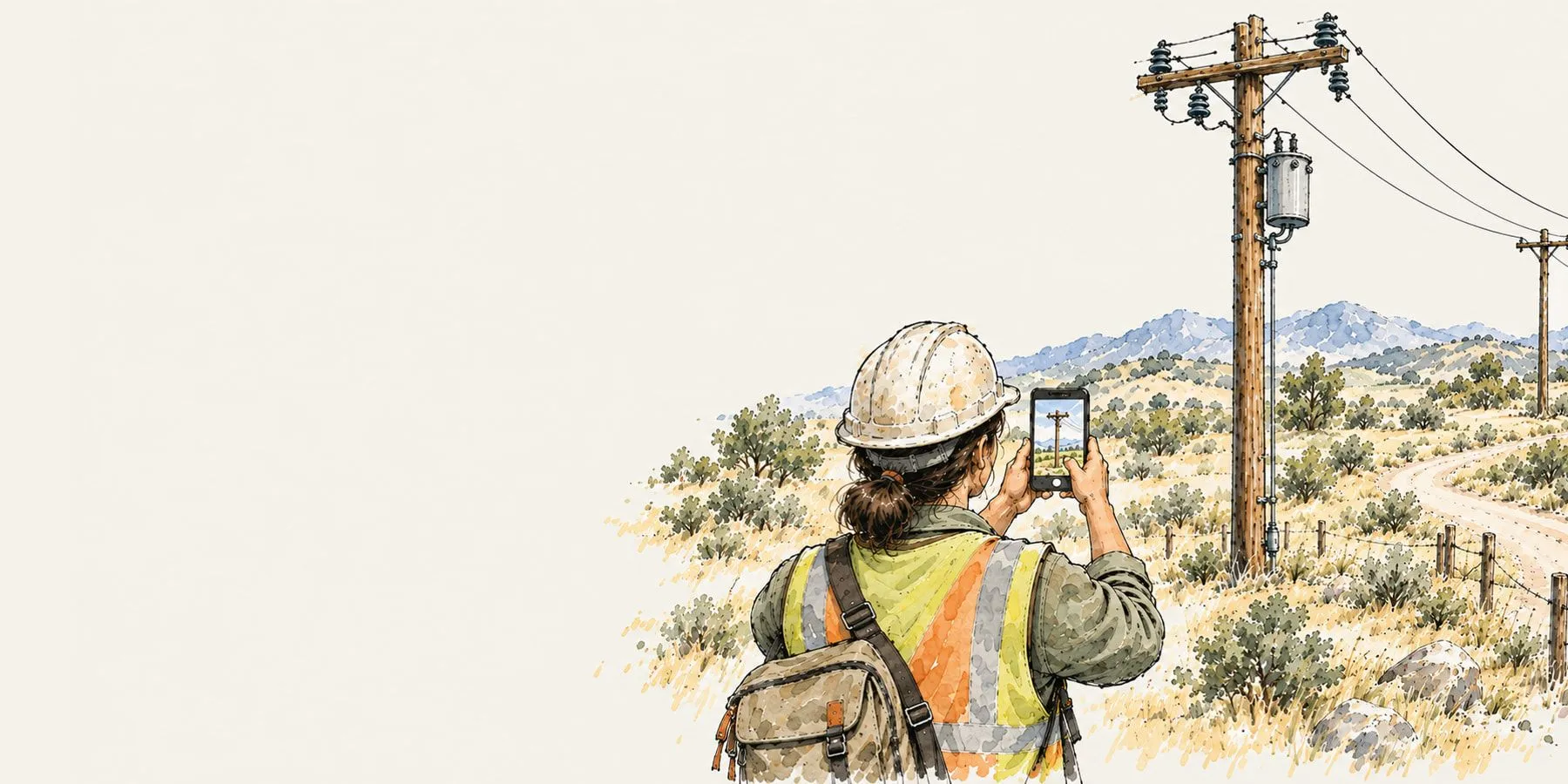 Ink-and-watercolour drawing of a lineworker photographing a wooden utility pole on their phone, with a Felt point on the pole and its record in a popup.