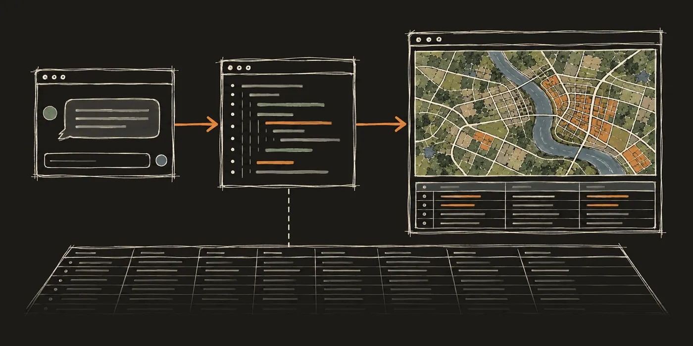 A sketch on a dark ground of a question in a chat panel becoming a SQL query and then a city map with matching blocks shaded orange, above a long database table