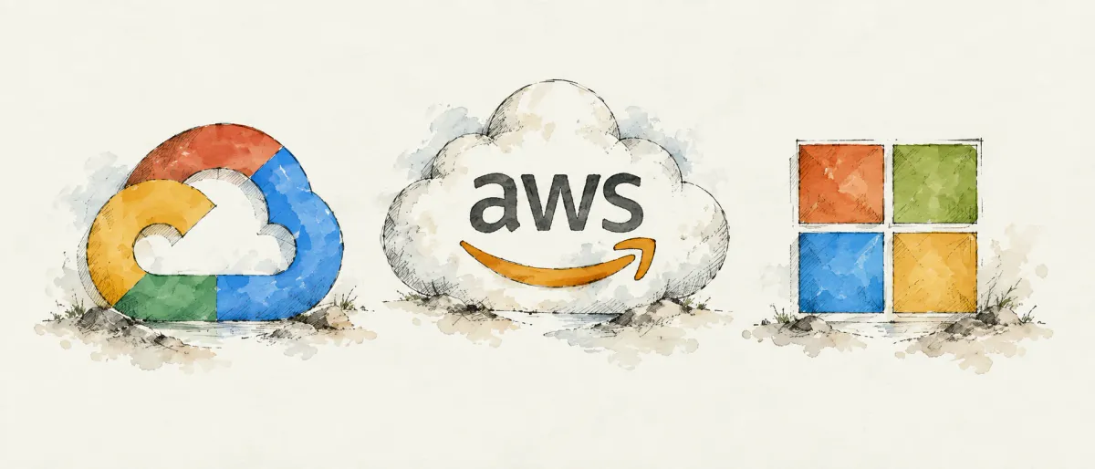 Google Cloud, AWS, and Microsoft Azure logos drawn in watercolor on paper