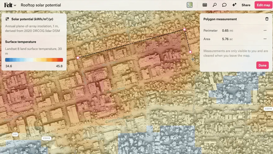 Drawing a polygon over rooftops returns its area with the average solar potential and surface temperature beneath it