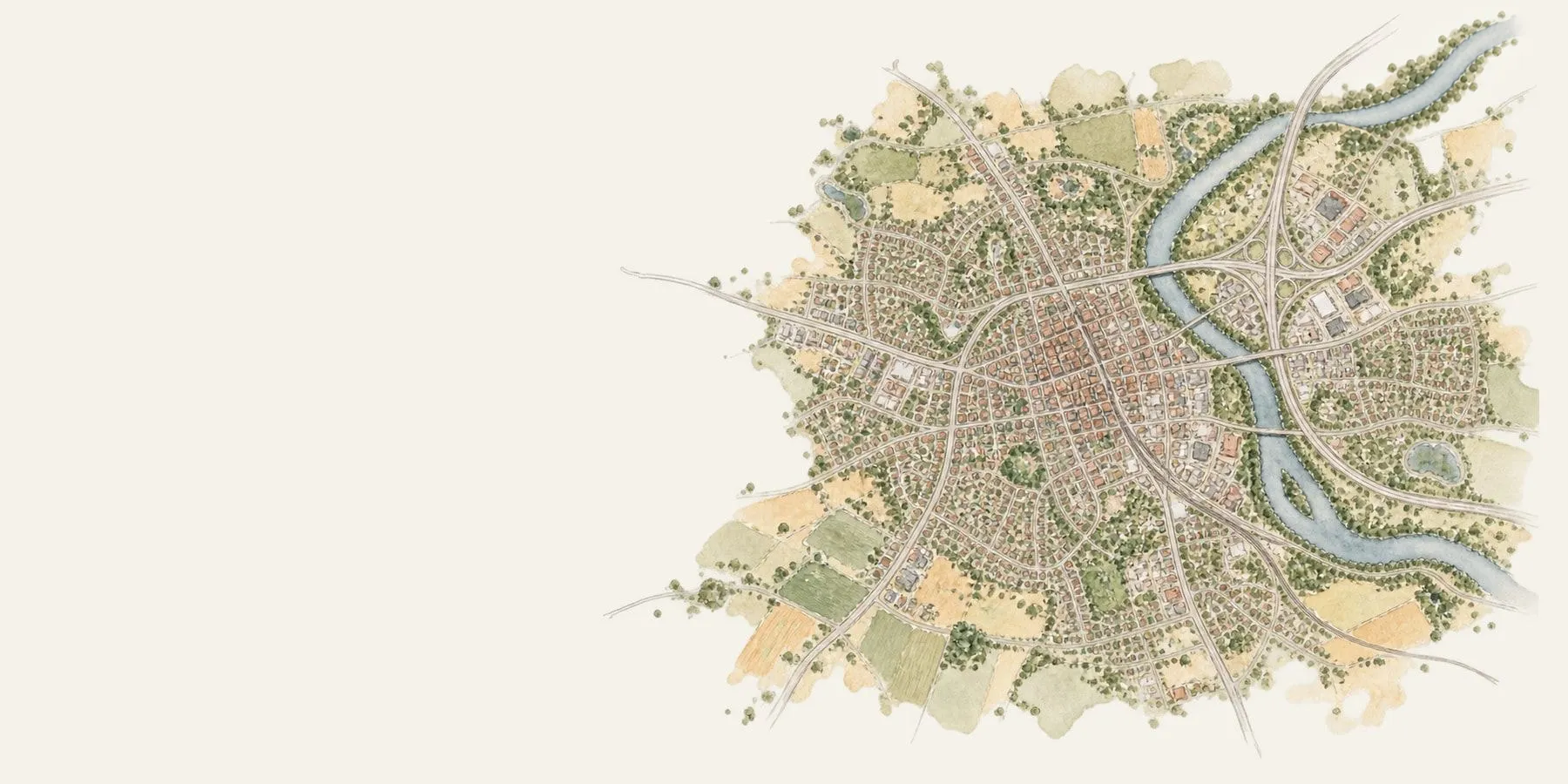 A hand-drawn aerial watercolour of a small city, with three candidate retail sites marked, competitors around them, a five-minute drive-time area reaching out along the highways from the leading site and its record in a popup.