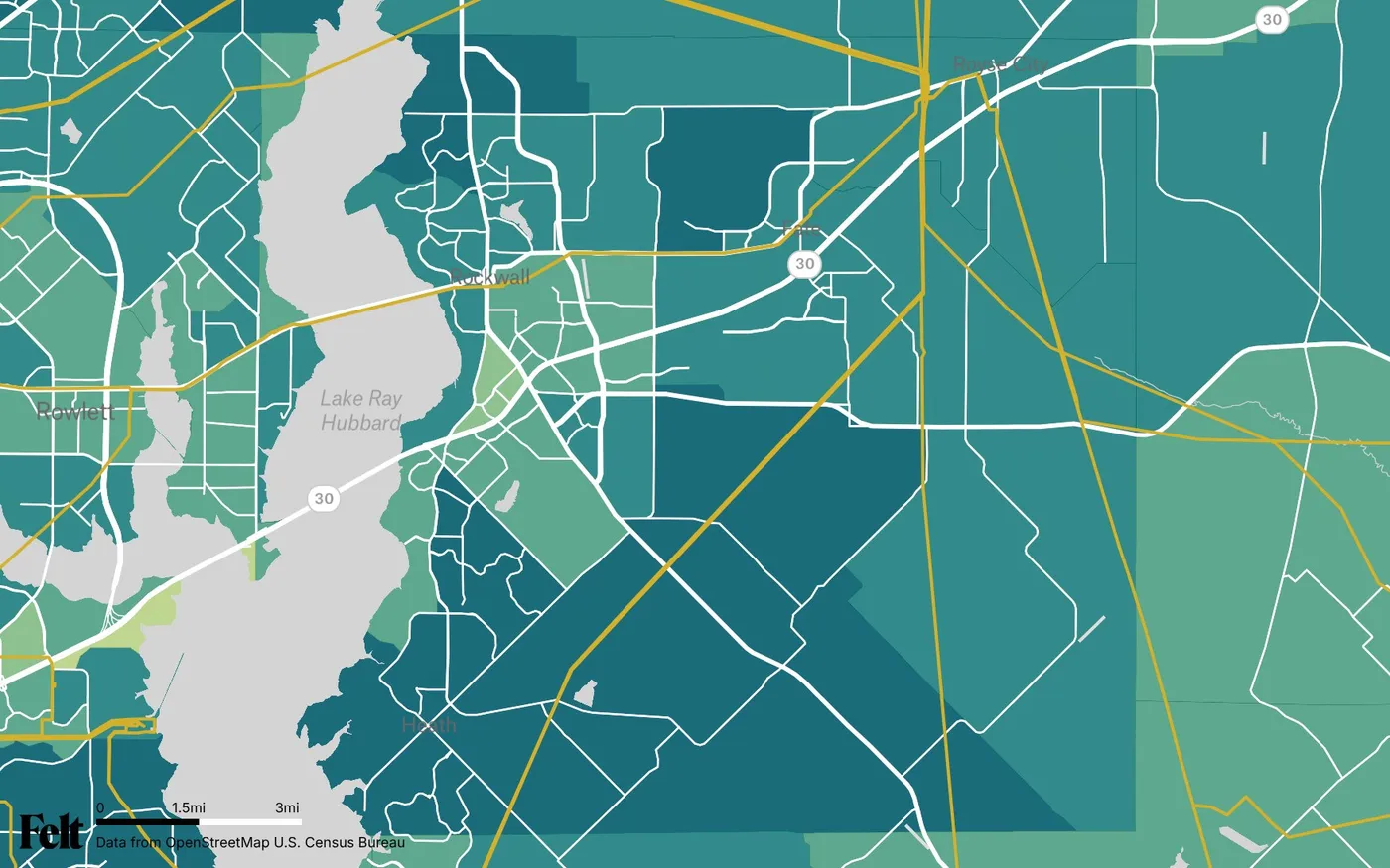 Map of Rockwall County, Texas: the county outlined, with transmission lines over median household income by census tract
