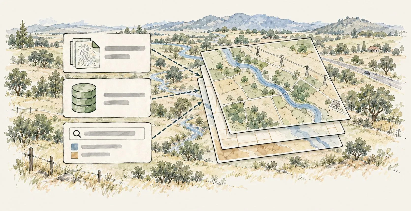 Uploaded files, a live database, and an Internet Data Finder search all feeding one stack of map layers: parcels, the creek and its floodplain, and a transmission line.